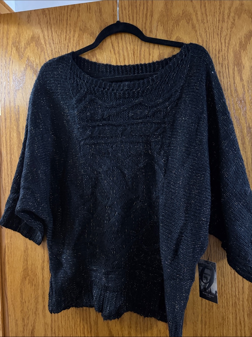 Nine West Black Metallic Thread Scoop-Neck Cable Sweater